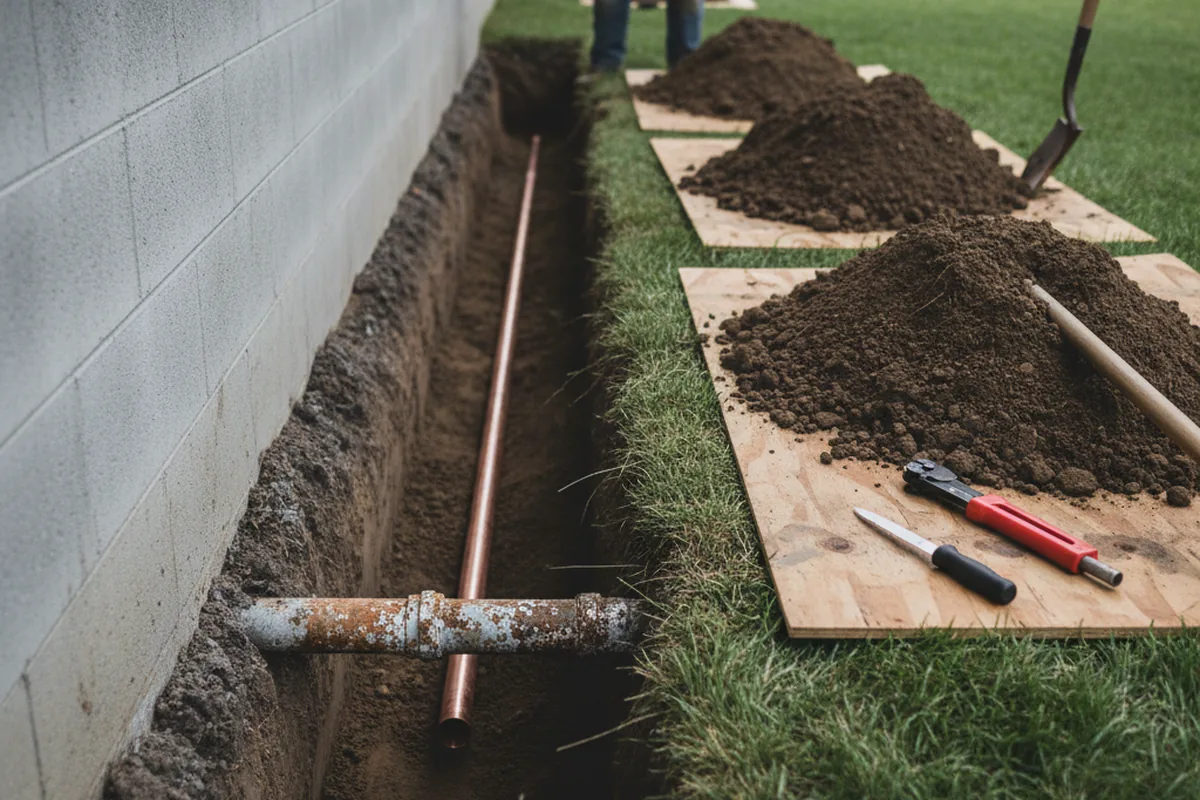 Excavated water line trench during Water Heater Repair in Mousie